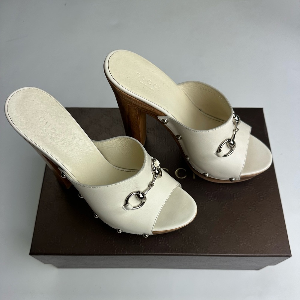 Gucci white horsebit mule with wooden heel 37